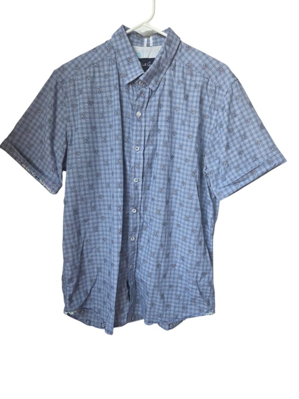 Robert Graham Mens XL Blue Plaid Short-Sleeve Shirt With Fish Design 100% Cotton